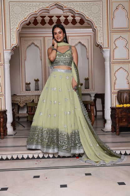 Light Green and Green Embroidered Georgette Lehenga
