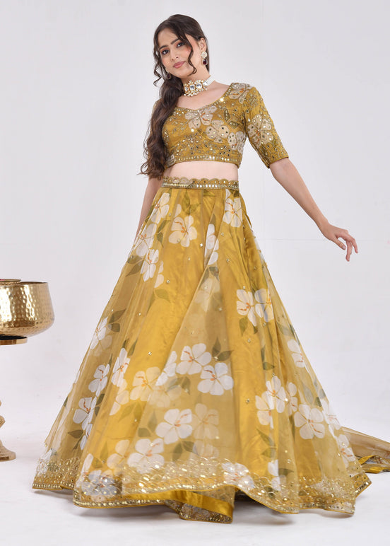 Mustard Gold Floral Hand-Embroidered Organza Lehenga