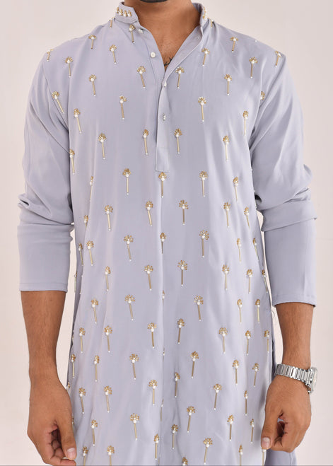 Powder Blue Hand-Embroidered Silk Kurta Set