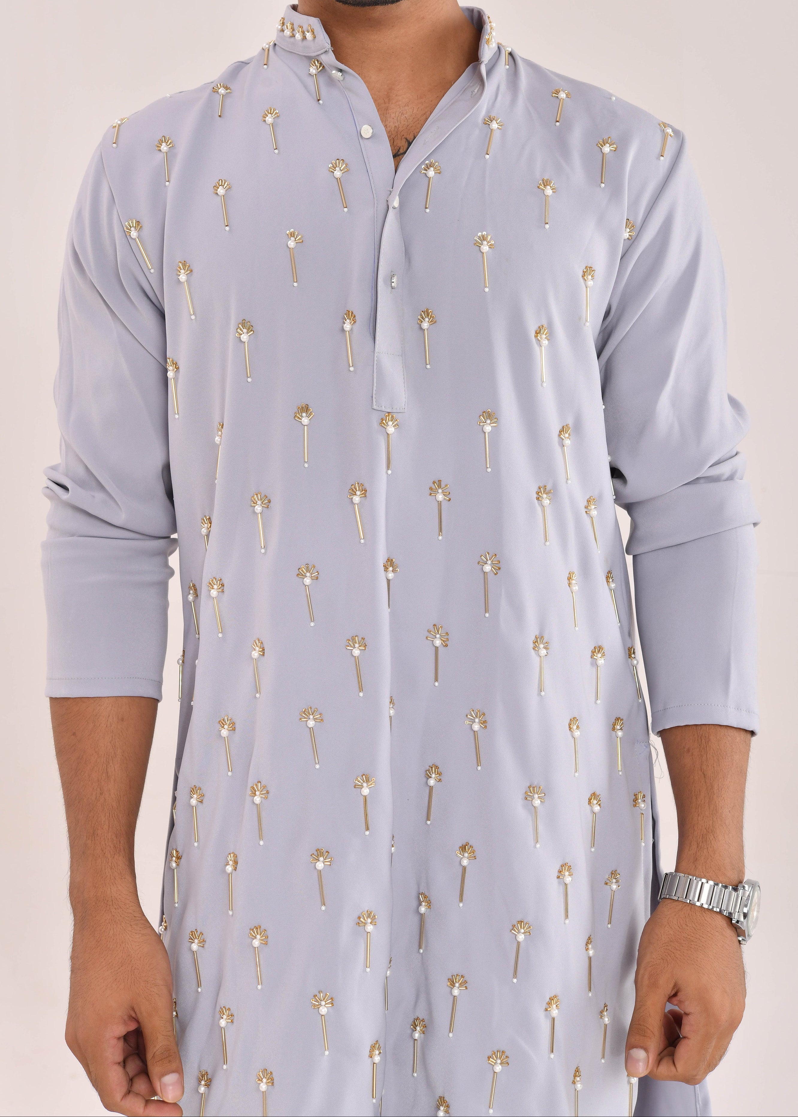 Powder Blue Hand-Embroidered Silk Kurta Set