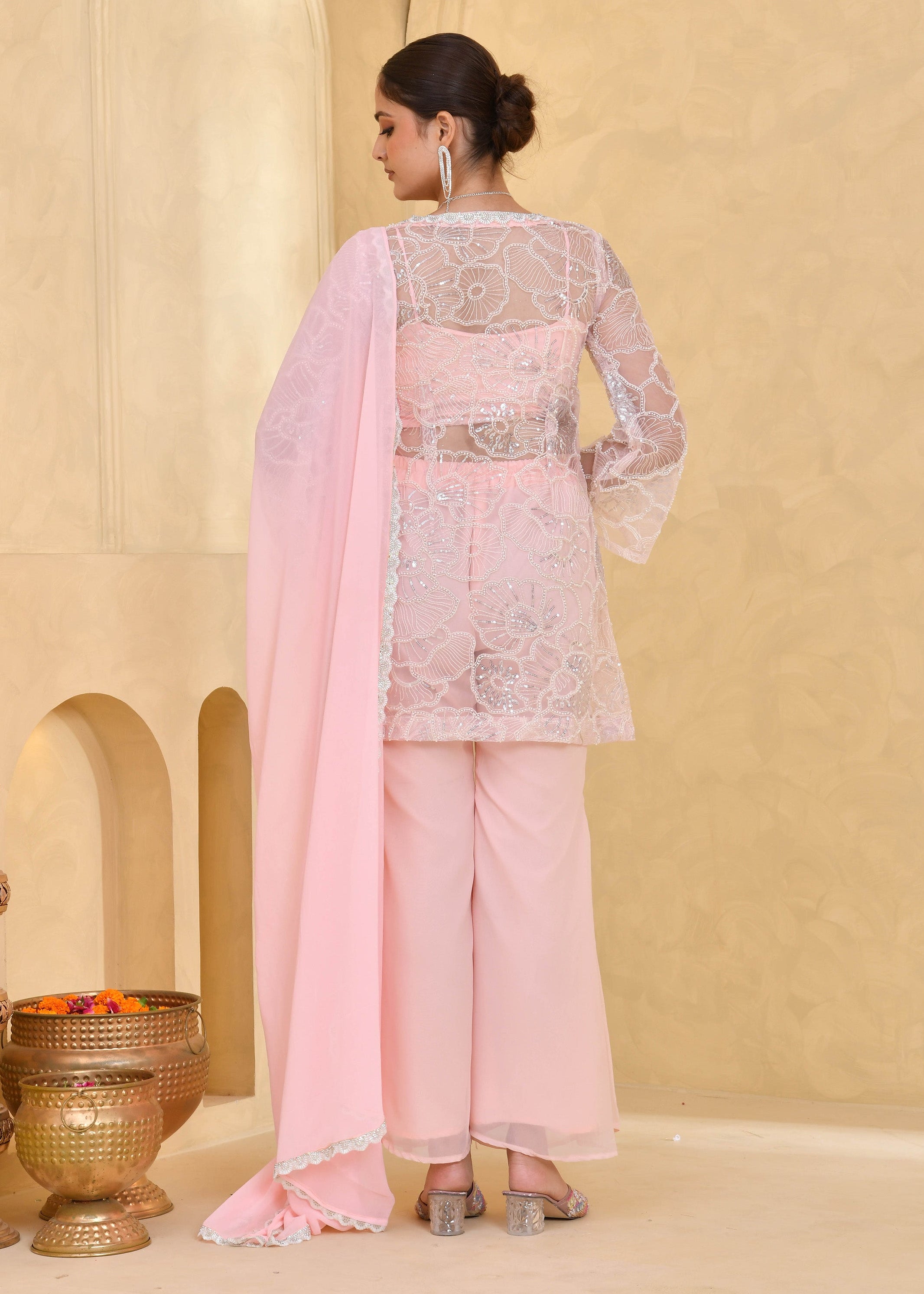 Light Pink Hand-Embroidered Georgette Sharara Suit