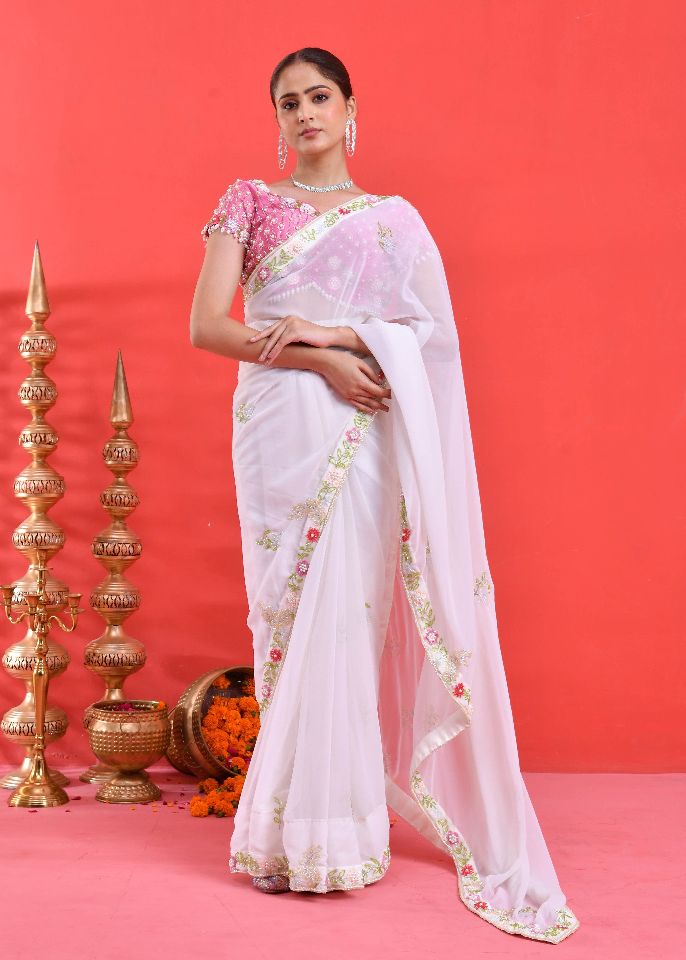 White Floral Hand-Embroidered Georgette Saree