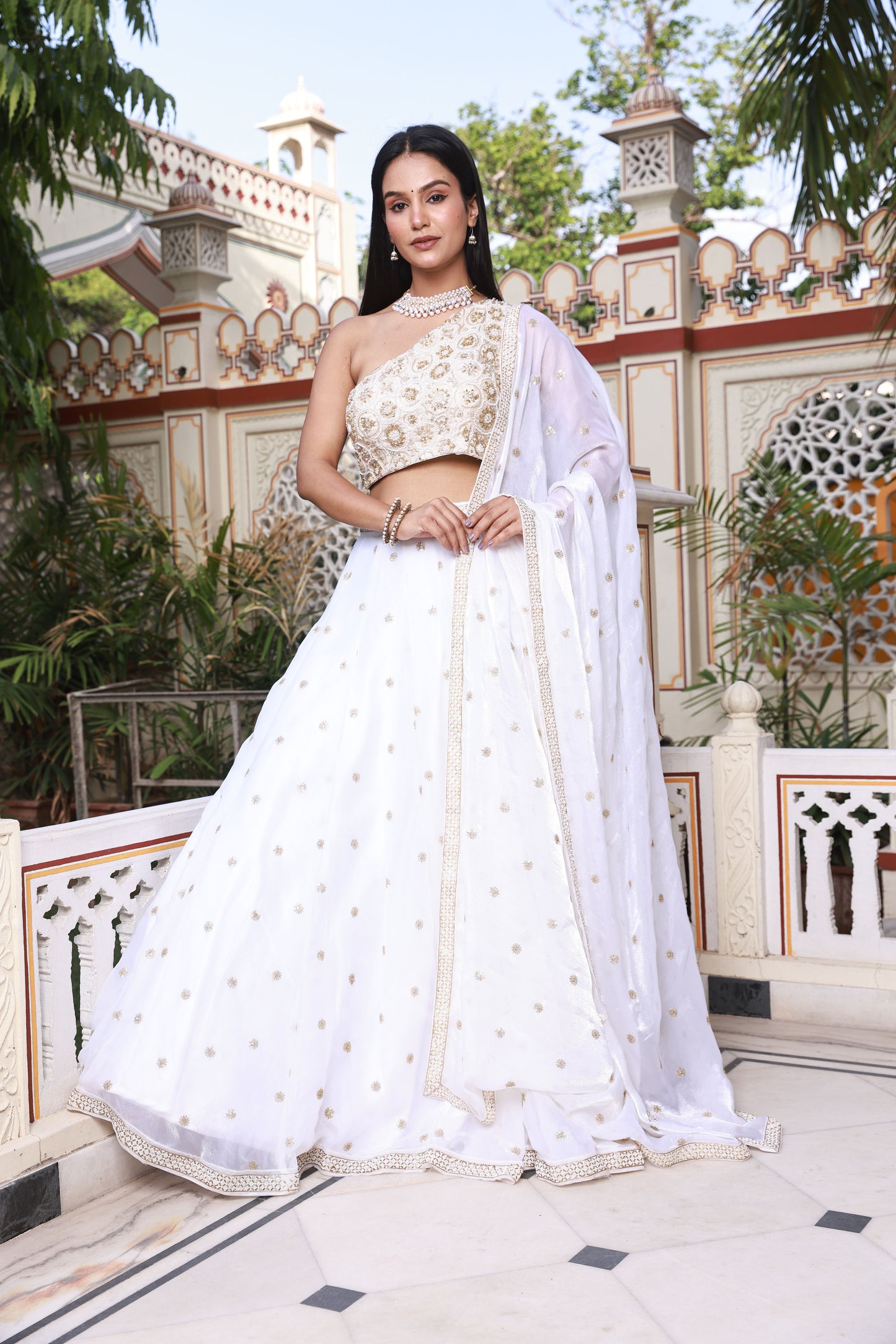 White Hand-Work One Shoulder Style Georgette Lehenga