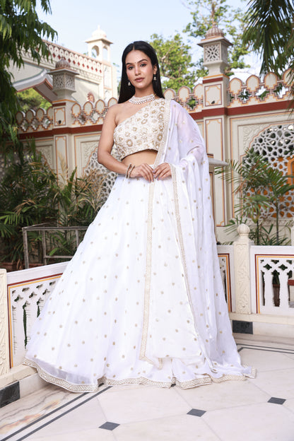 White Hand-Work One Shoulder Style Georgette Lehenga