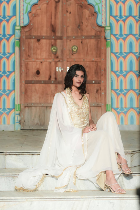 Cream Dual-Tone Hand Embroidered Banarasi Silk Palazzo Suit