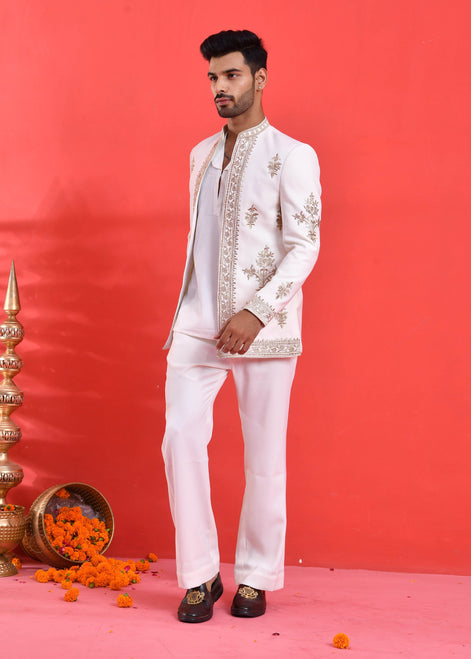 White Embroidered Japanese Silk Indo-Western Suit
