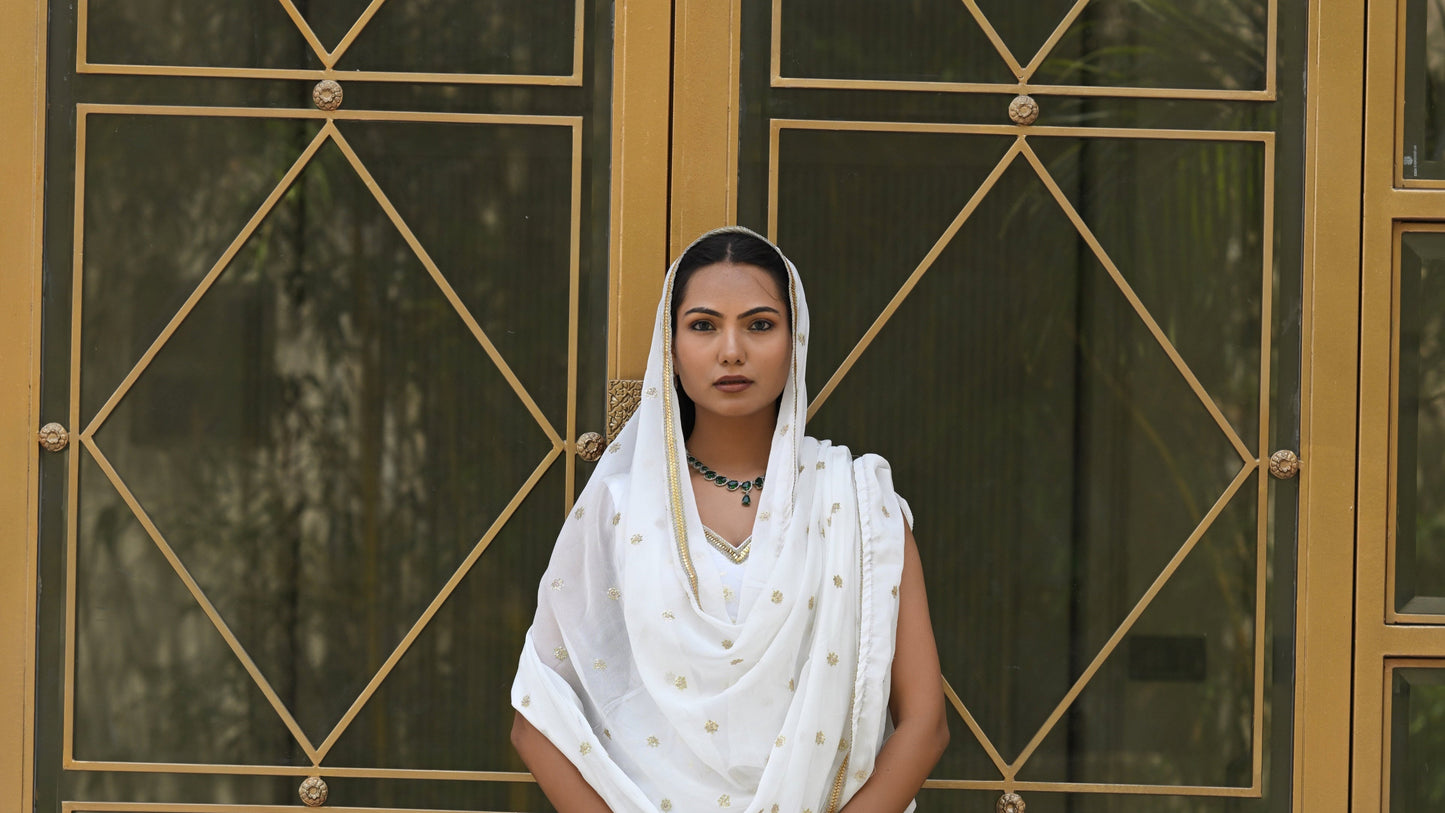 White and Gold Patterned Embroidered Sharara