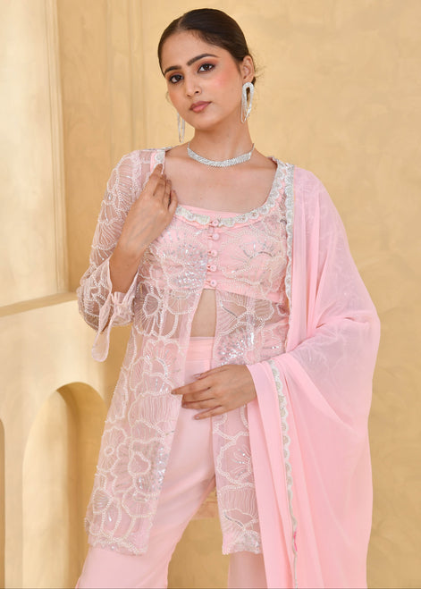 Light Pink Hand-Embroidered Georgette Sharara Suit
