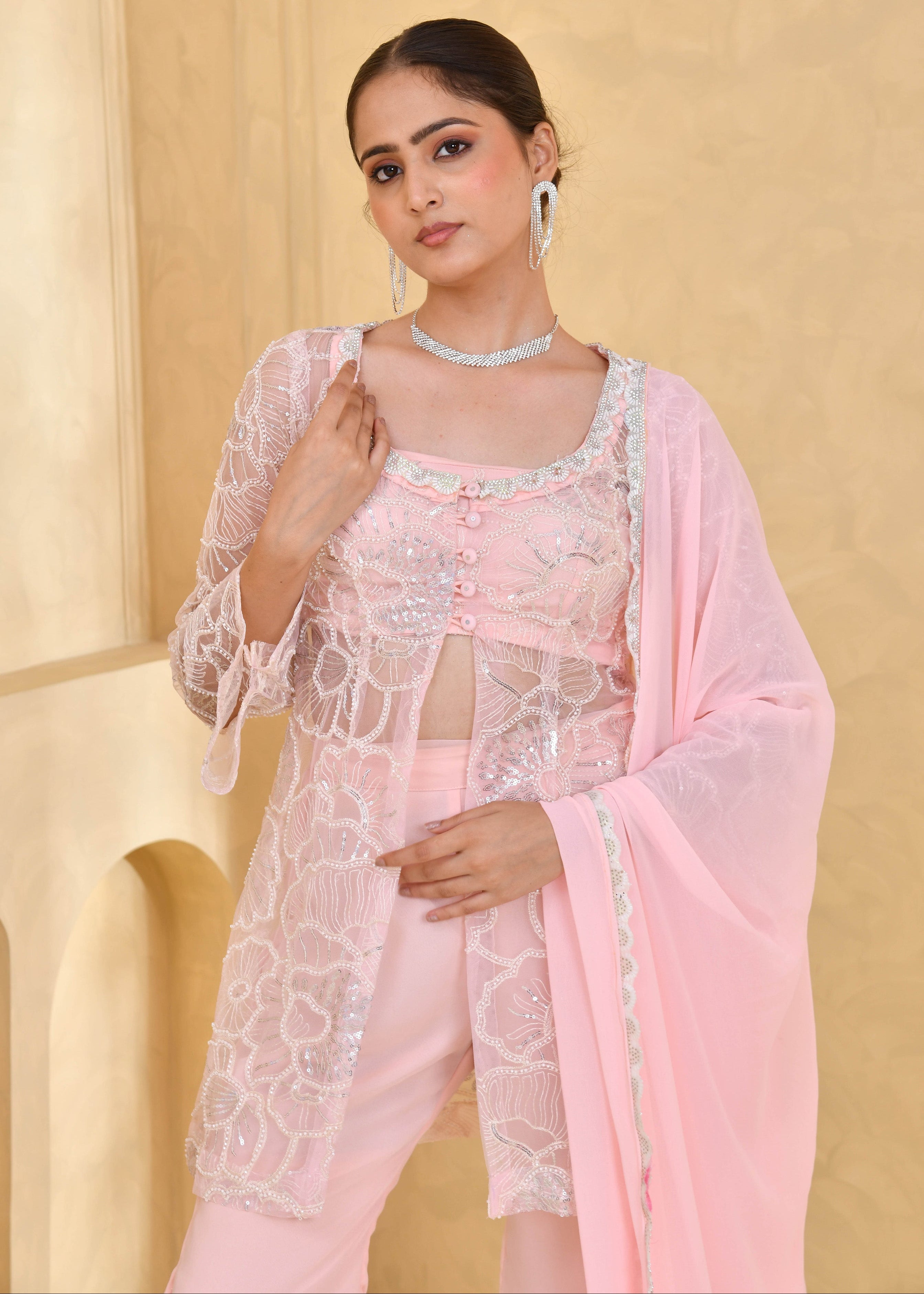 Light Pink Hand-Embroidered Georgette Sharara Suit