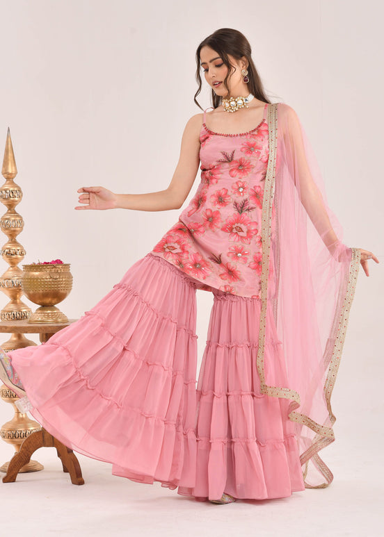 Dusty Pink Floral Printed Hand-Embroidered Georgette Sharara Suit
