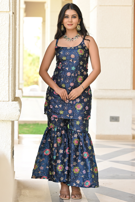 Navy Blue Multicolor Floral Embroidered Garara