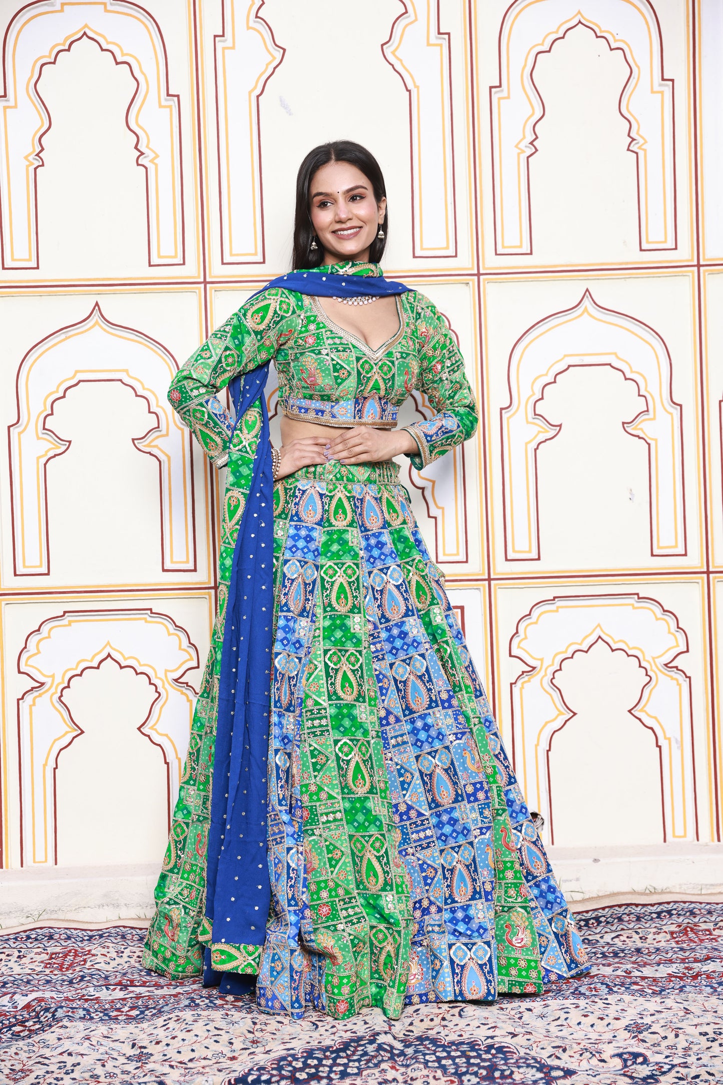 Green and Blue Embroidered Viscose Crepe Lehenga