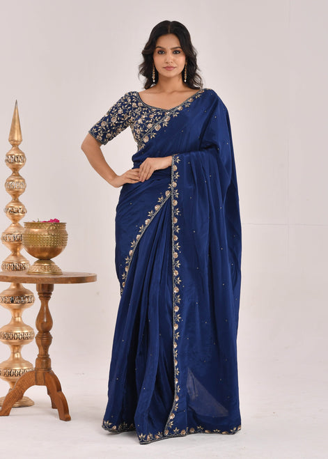 Dark Blue Hand-Embroidered Silk Saree