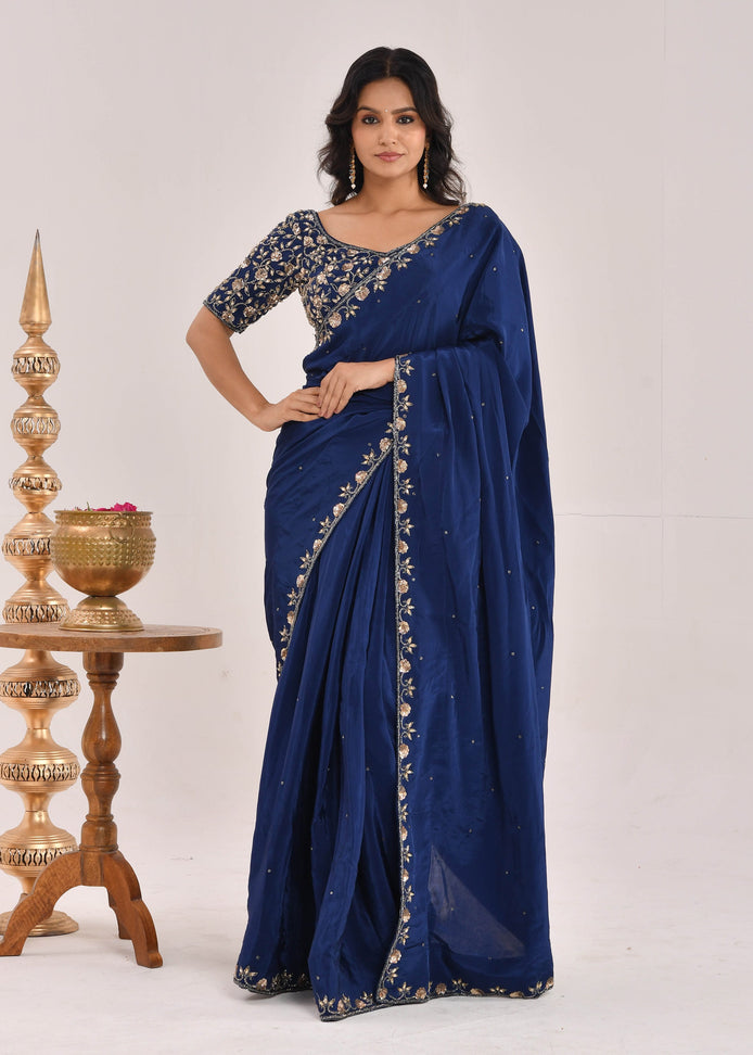 Dark Blue Hand-Embroidered Silk Saree