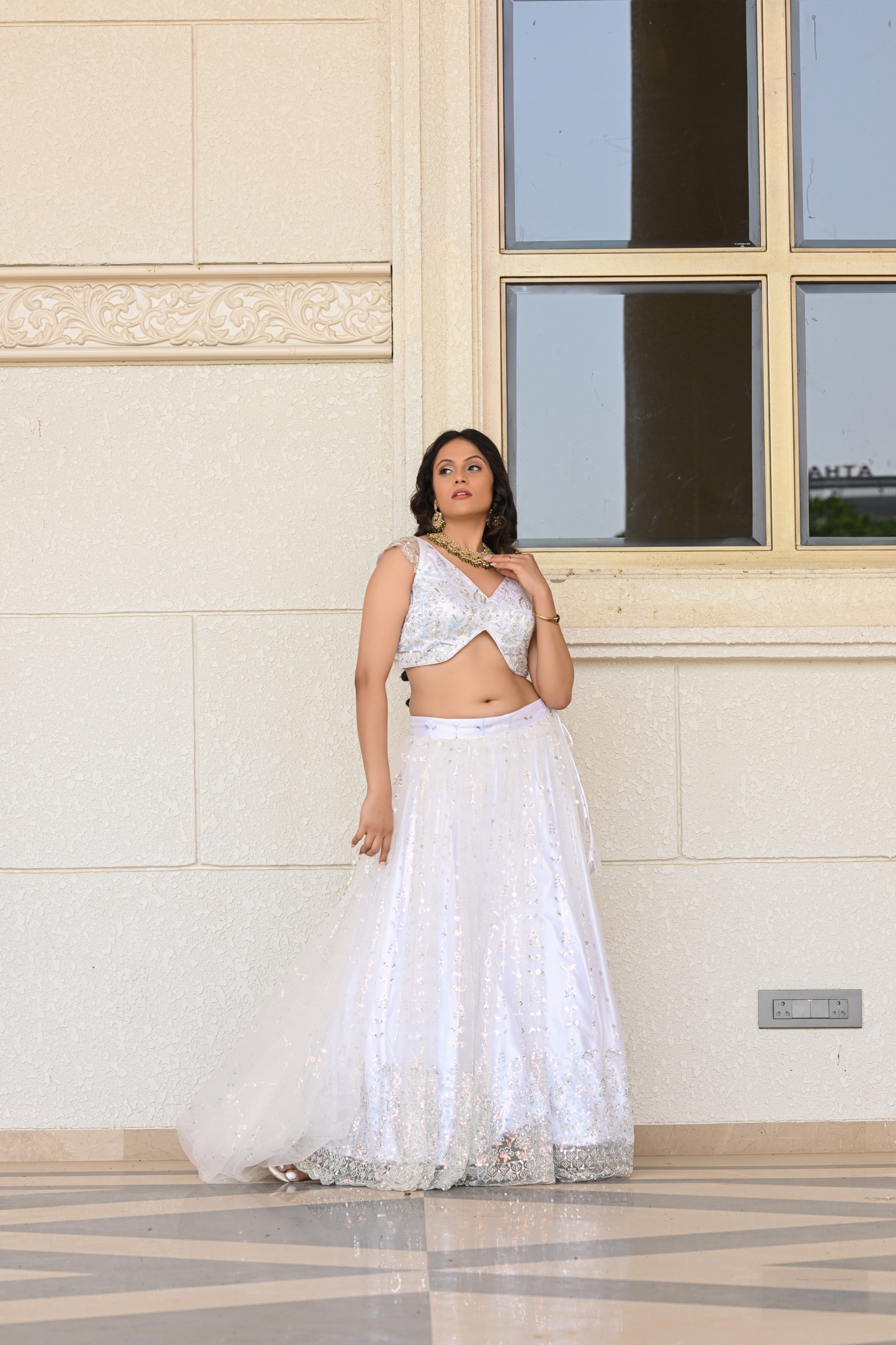 White Sparkle Embroidered Net Lehenga
