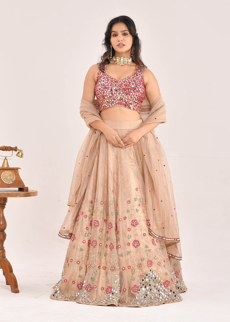 Gold and Red Embroidered Raw Tissue Lehenga