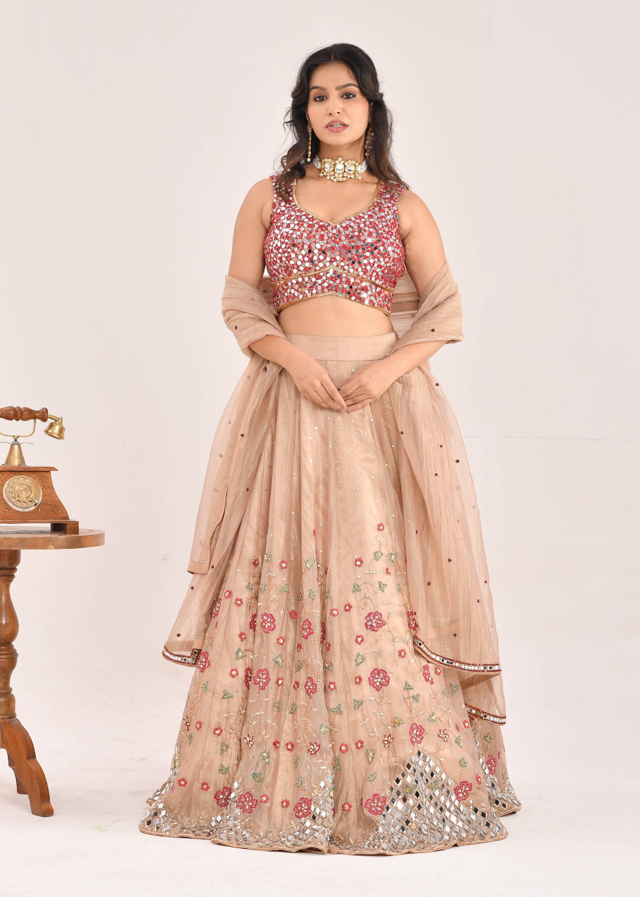 Gold and Red Embroidered Raw Tissue Lehenga