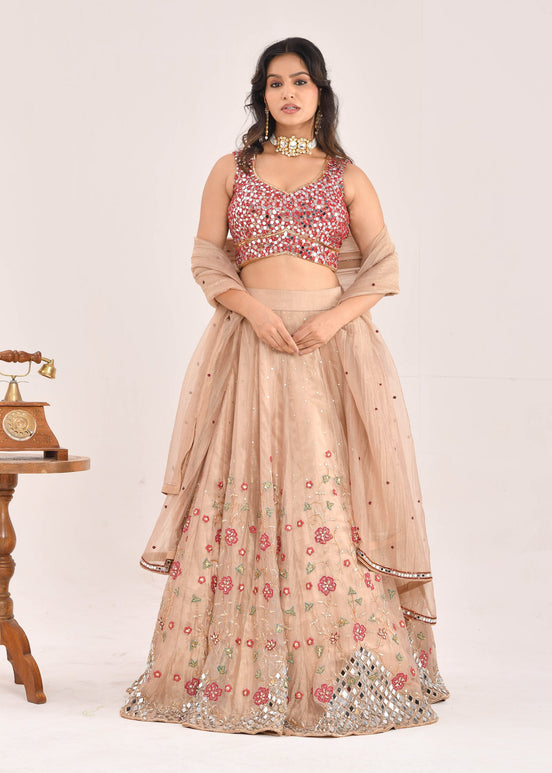Gold and Red Embroidered Raw Tissue Lehenga