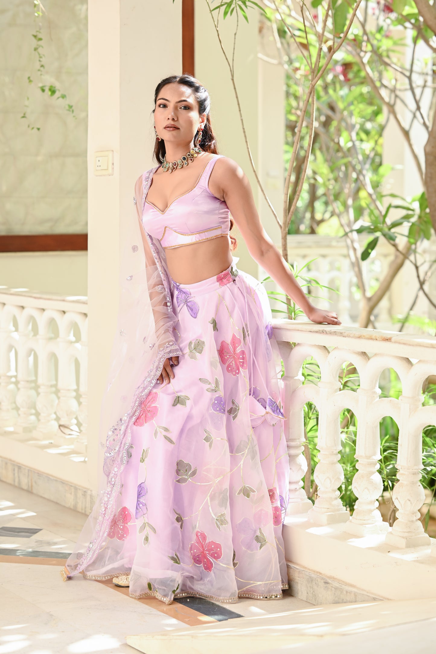 Lavender Multicolor Floral Embroidered Organza Lehenga