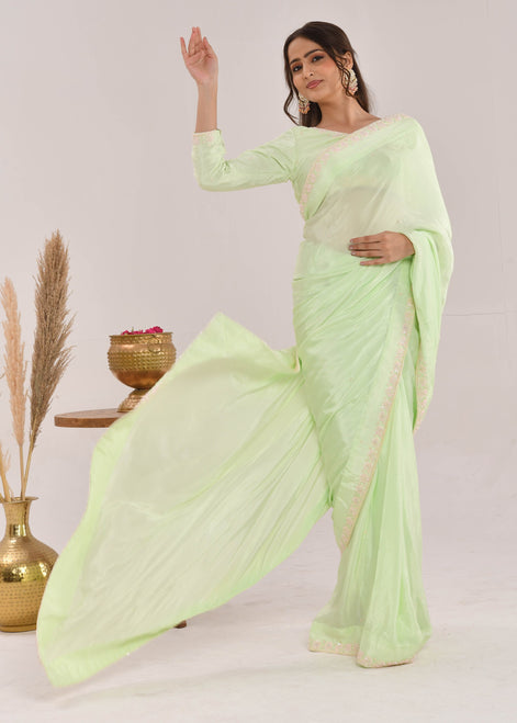 Mint Green Hand-Embroidered Georgette Saree