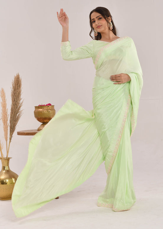 Mint Green Hand-Embroidered Georgette Saree