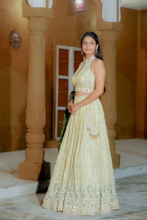 Cream Silk Handwork Lehenga