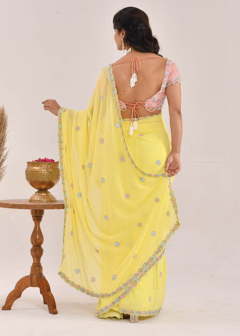 Yellow Hand-Embroidered Georgette Saree