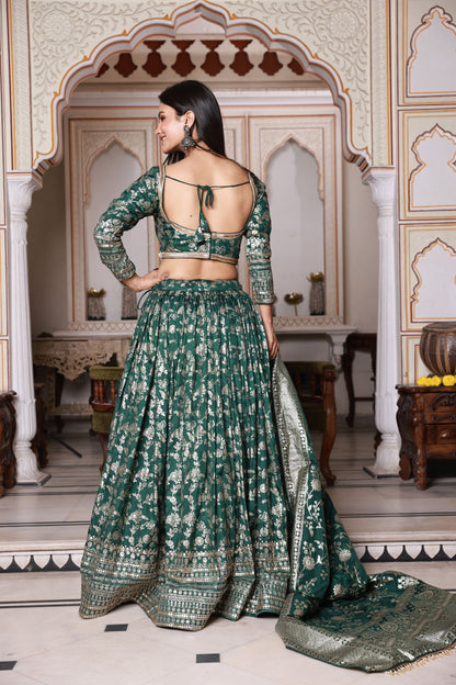 Dark Green Embroidered Silk Lehenga