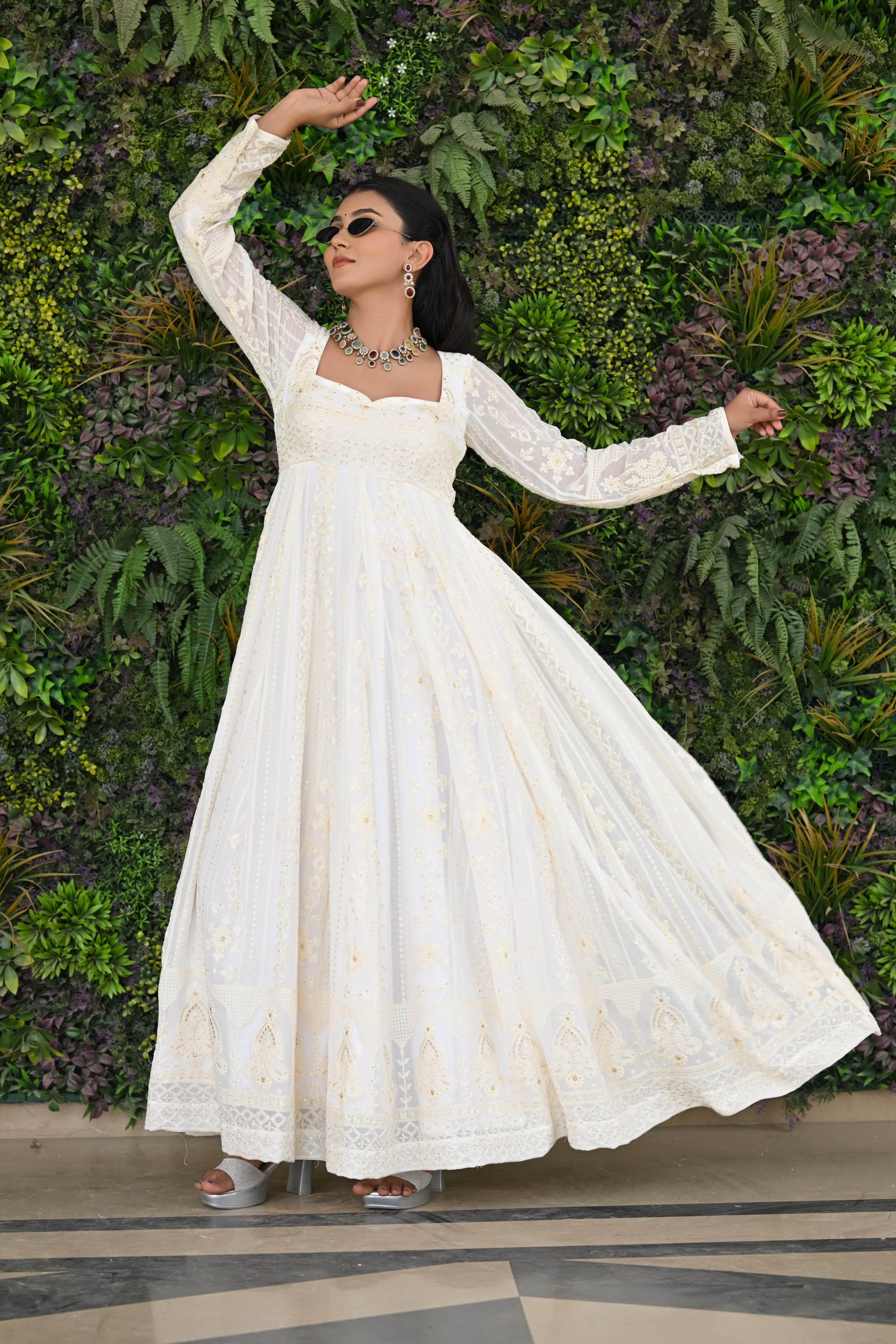 White and Beige Thread Embroidered Georgette Anarkali
