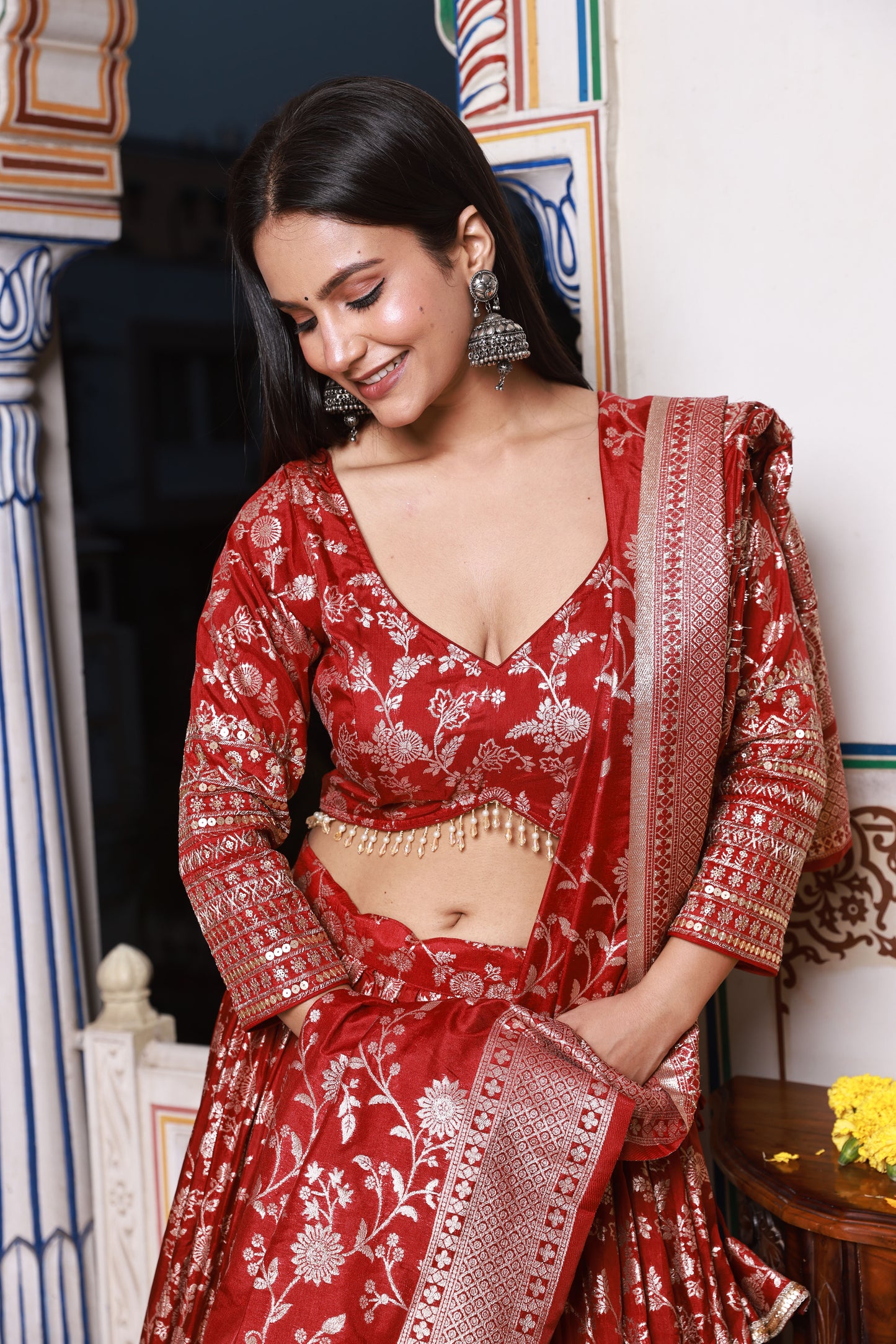 Deep Red Embroidered Silk Lehenga