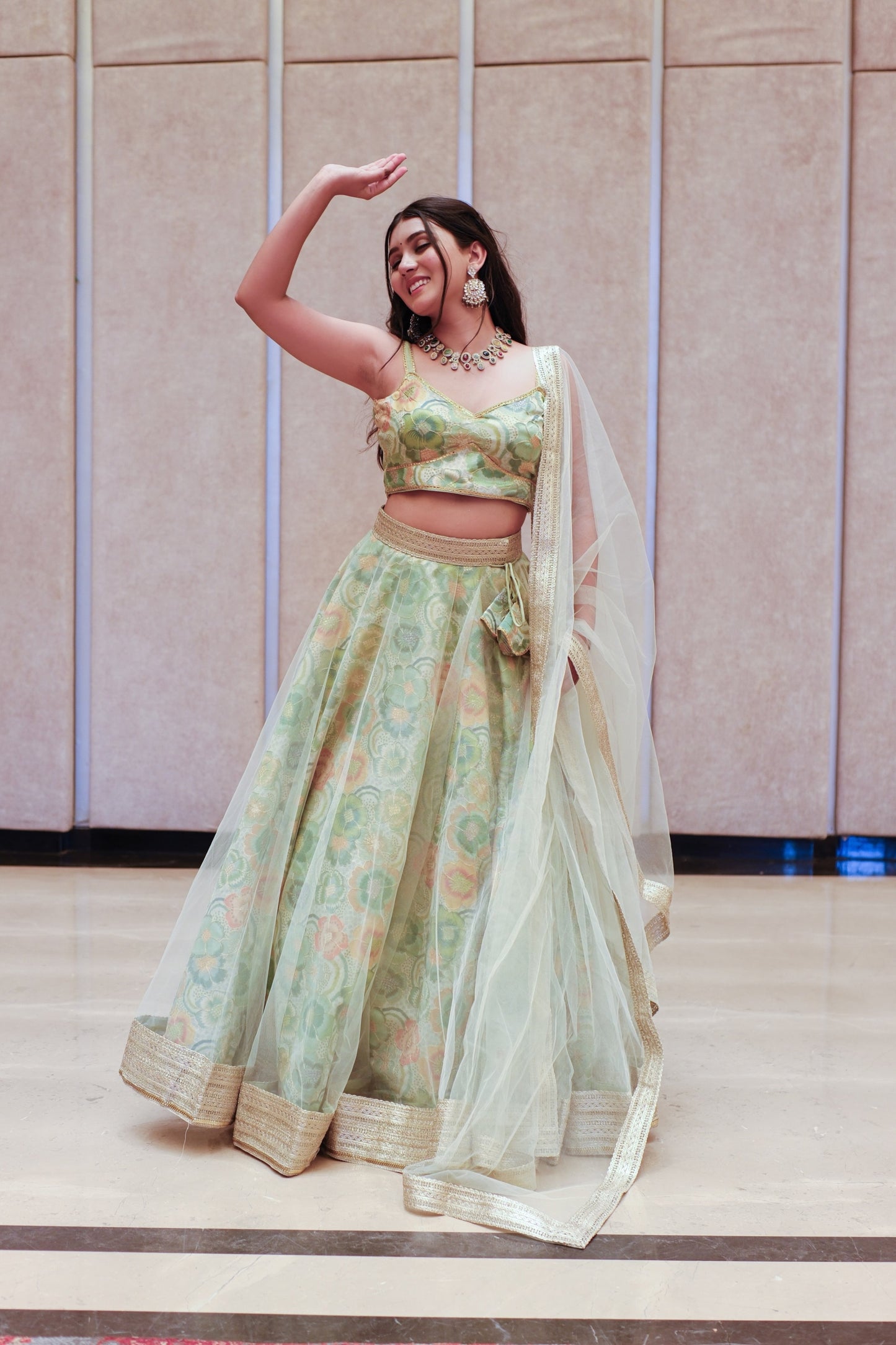 Mint Green Multicolor Floral Embroidered Net Lehenga