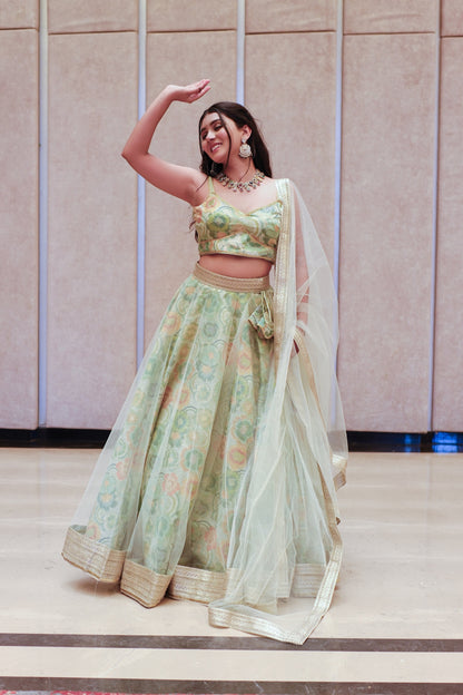 Mint Green Multicolor Floral Embroidered Net Lehenga