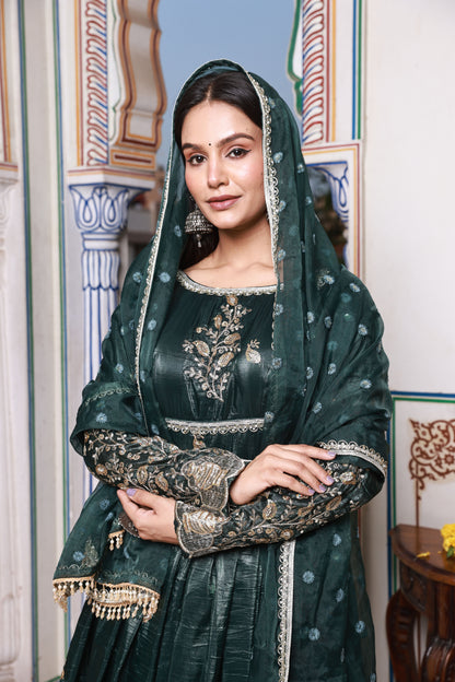 Midnight Green Embroidered Silk Anarkali