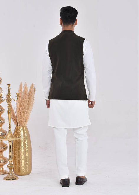 Dark Green Embroidered Raw Silk Nehru Jacket Set