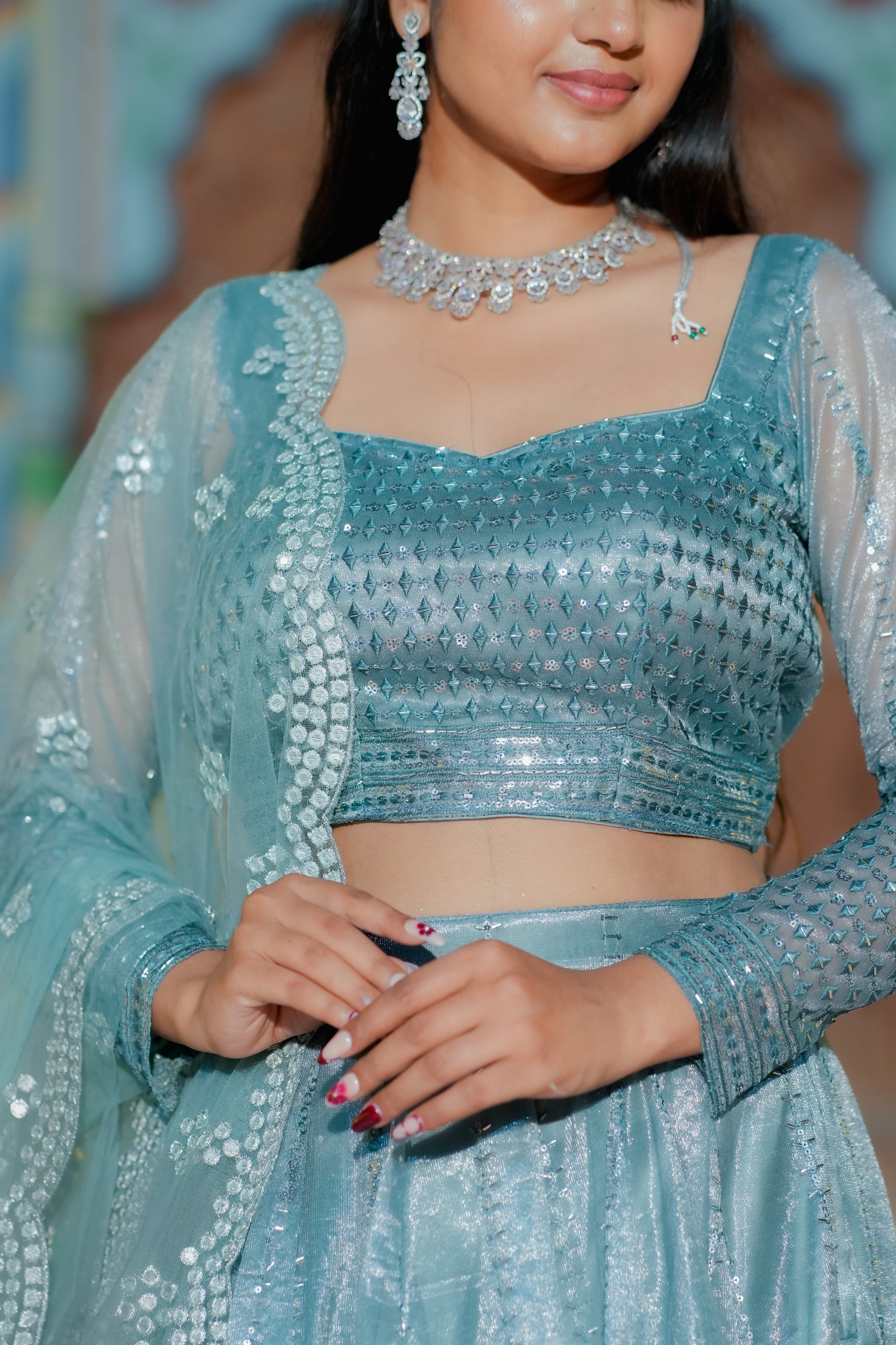 Light Blue Embroidered Chiffon Lehenga