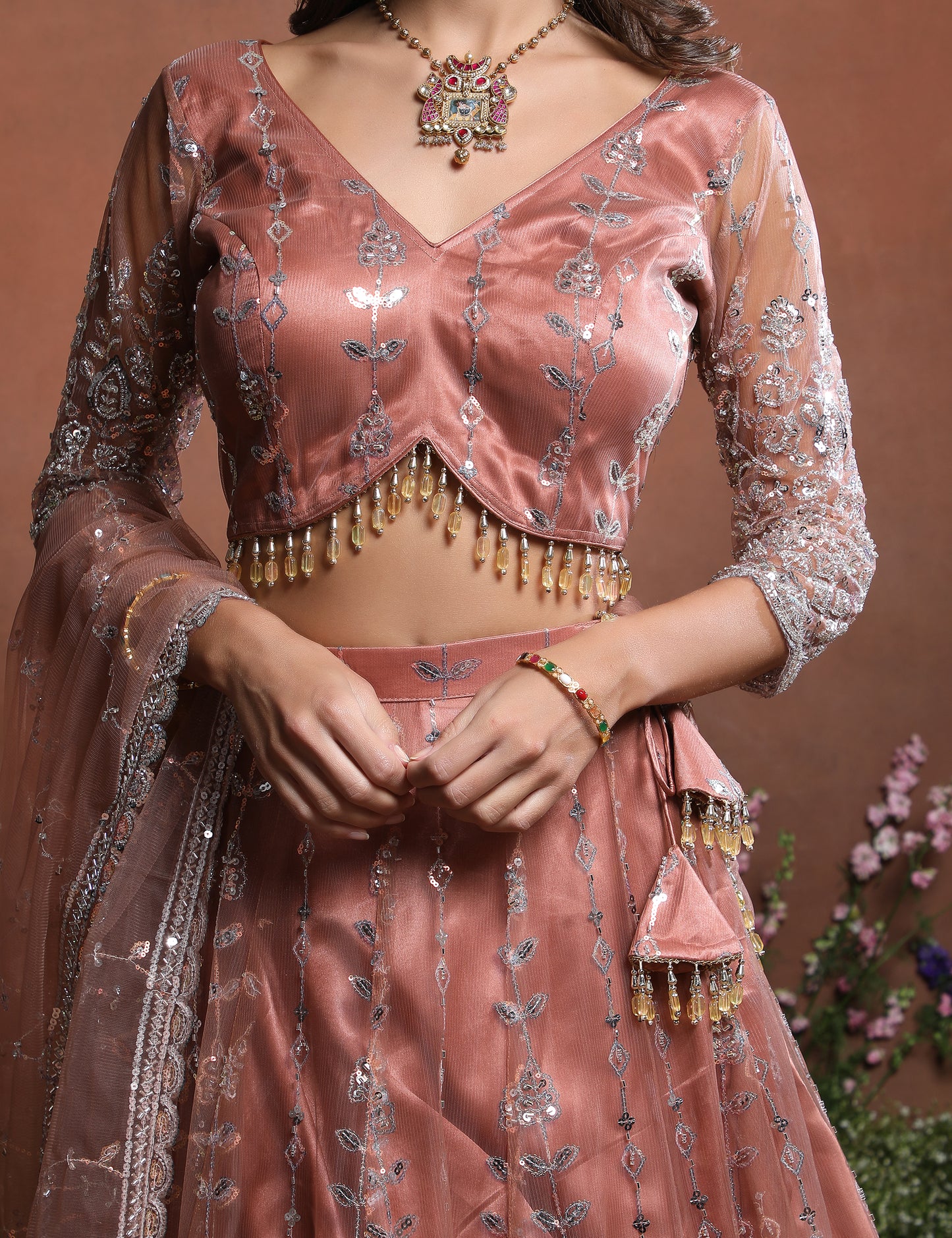 Dusty Rose Sparkle Embroidered Net Lehenga