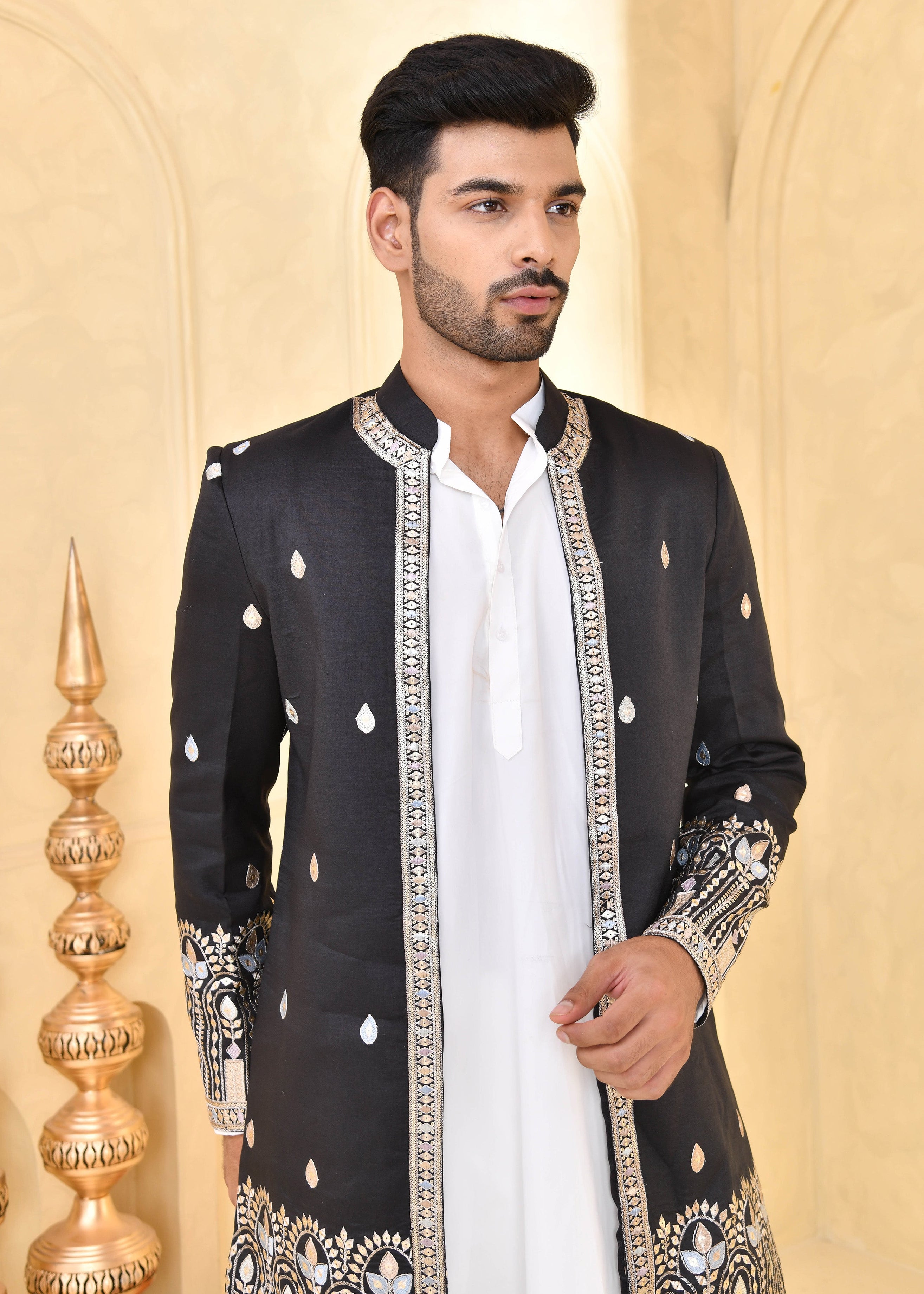 Black Embroidered Raw Silk Indo-Western Jacket Set