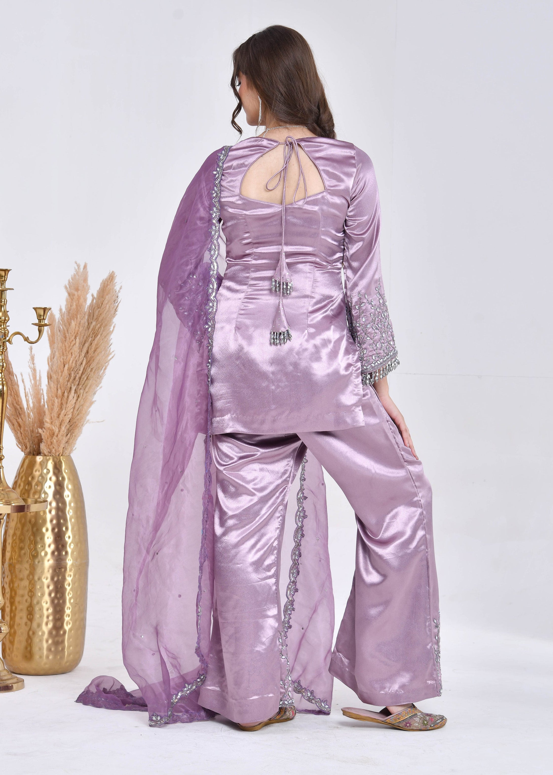 Mauve Hand-Embroidered Satin Sharara Suit