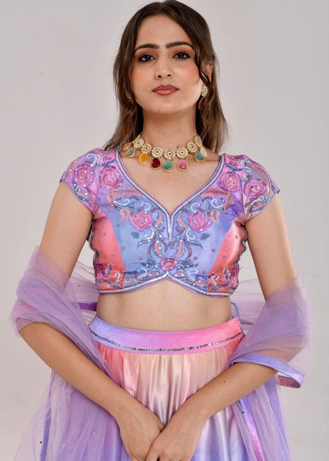 Multicolor Floral Hand-Embroidered Satin Silk Lehenga
