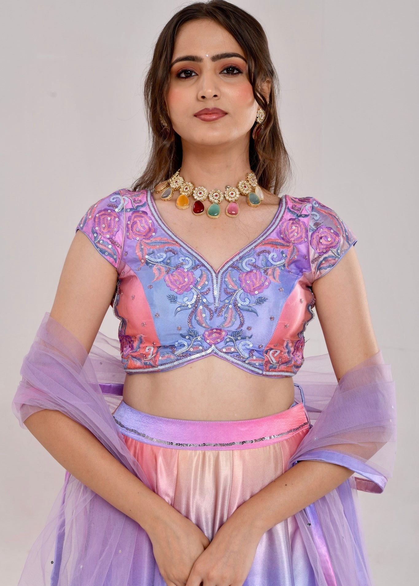 Multicolor Floral Hand-Embroidered Satin Silk Lehenga