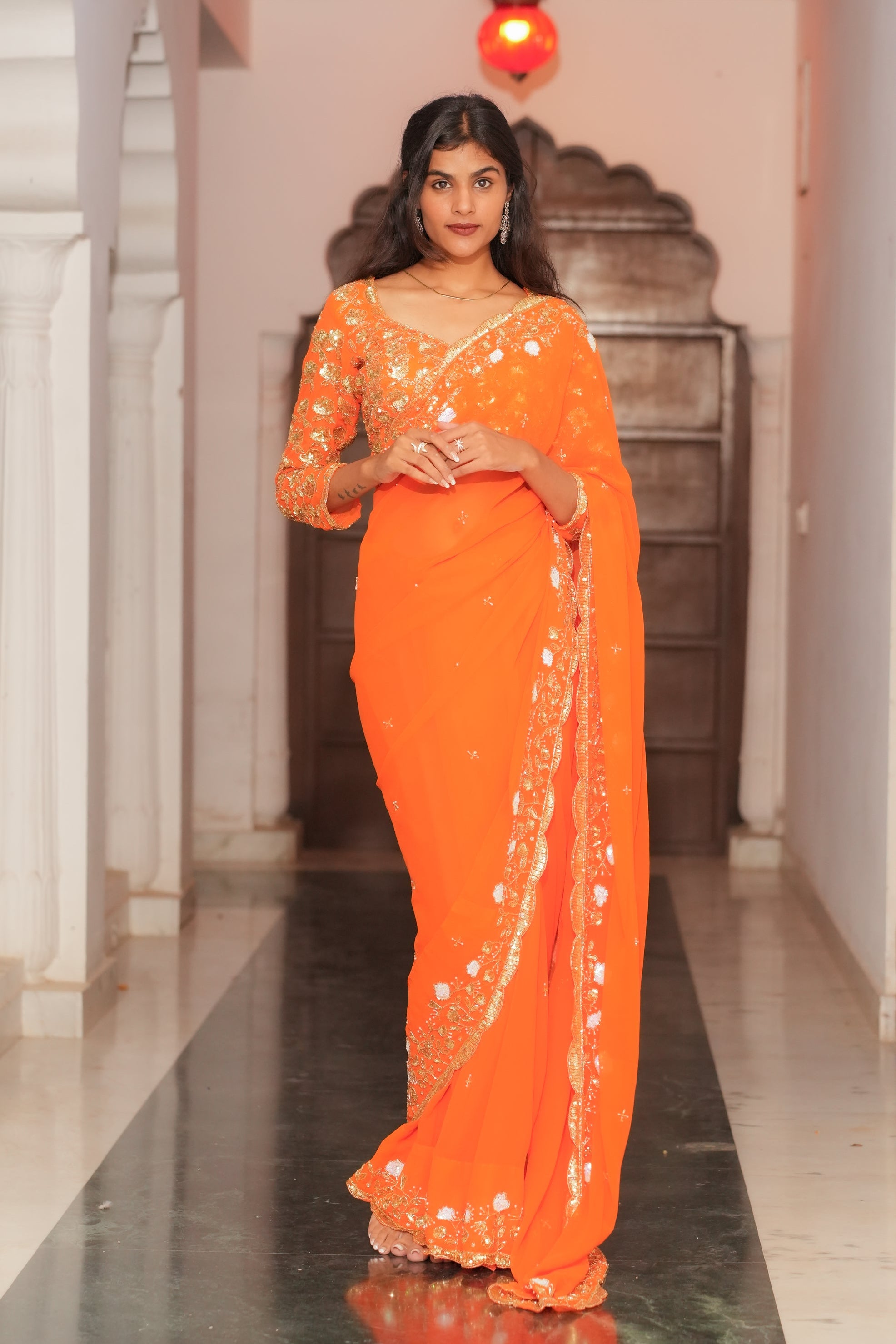 Orange Hand Embroidery Georgette Saree