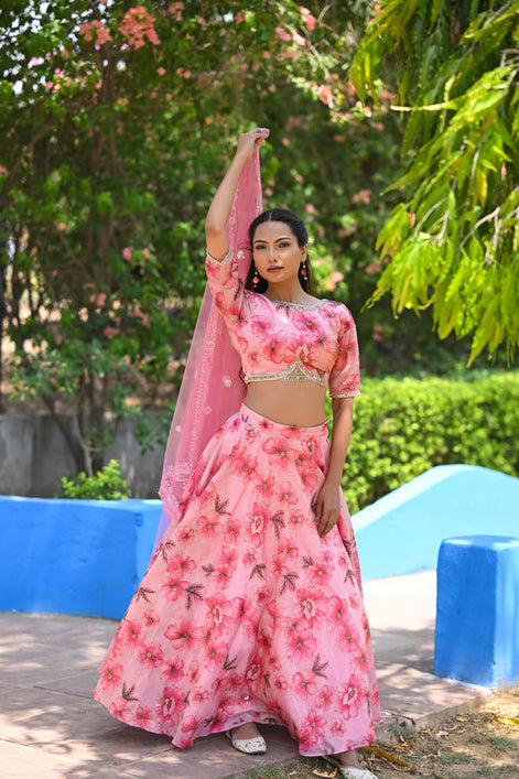 Pink Multicolor Floral Embellished Organza Lehenga