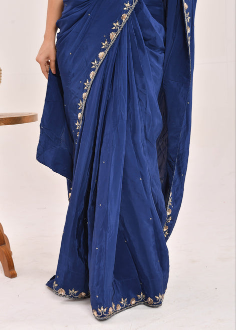 Dark Blue Hand-Embroidered Silk Saree