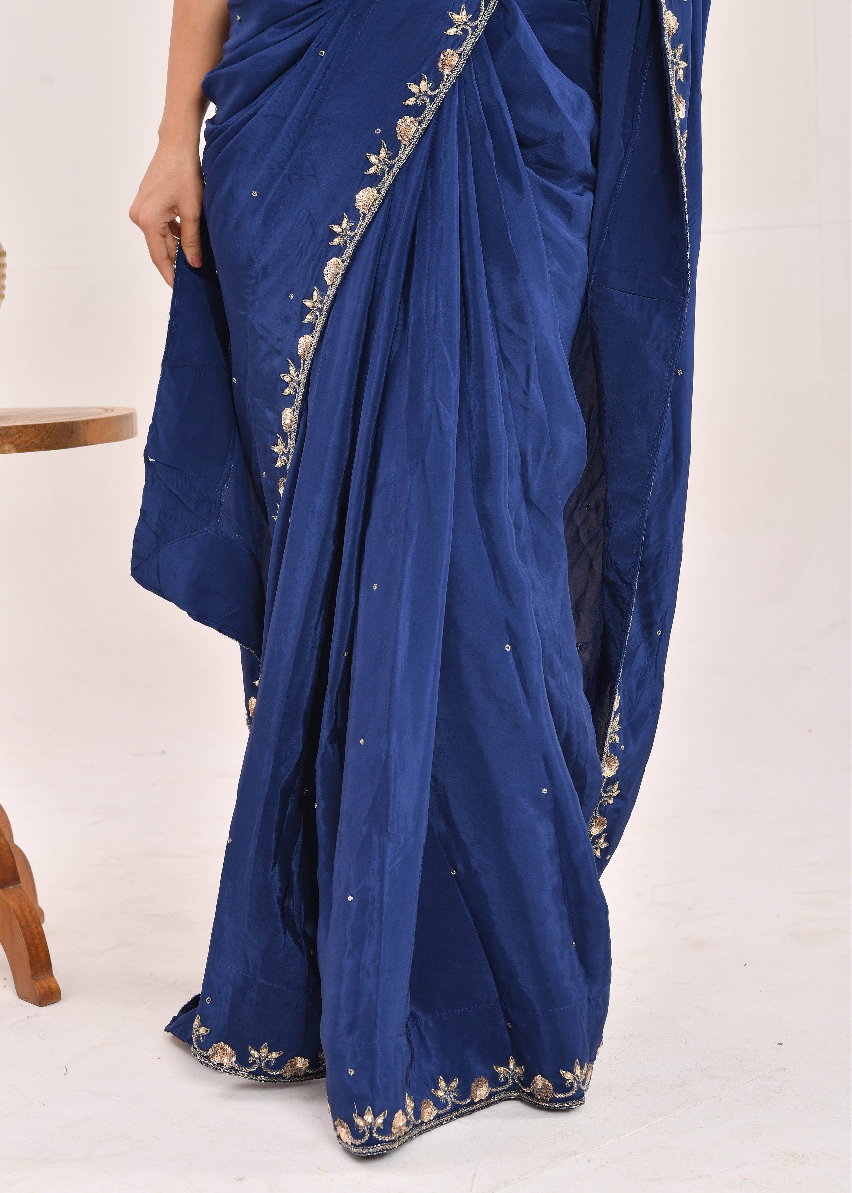 Dark Blue Hand-Embroidered Silk Saree
