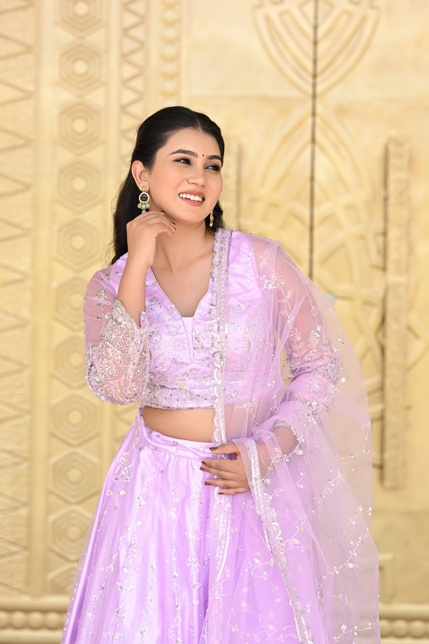 Lavender Pink Sparkle Embroidered Net Lehenga