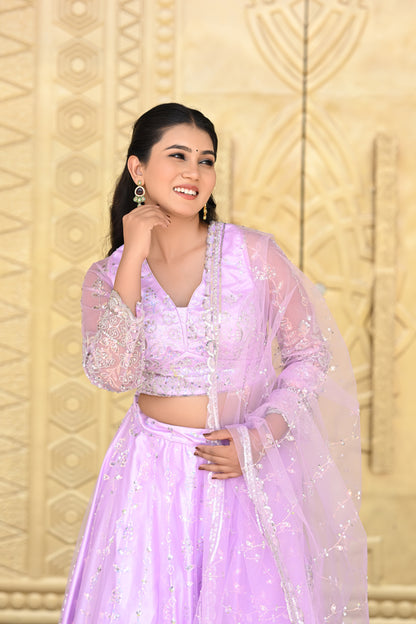 Lavender Pink Sparkle Embroidered Net Lehenga