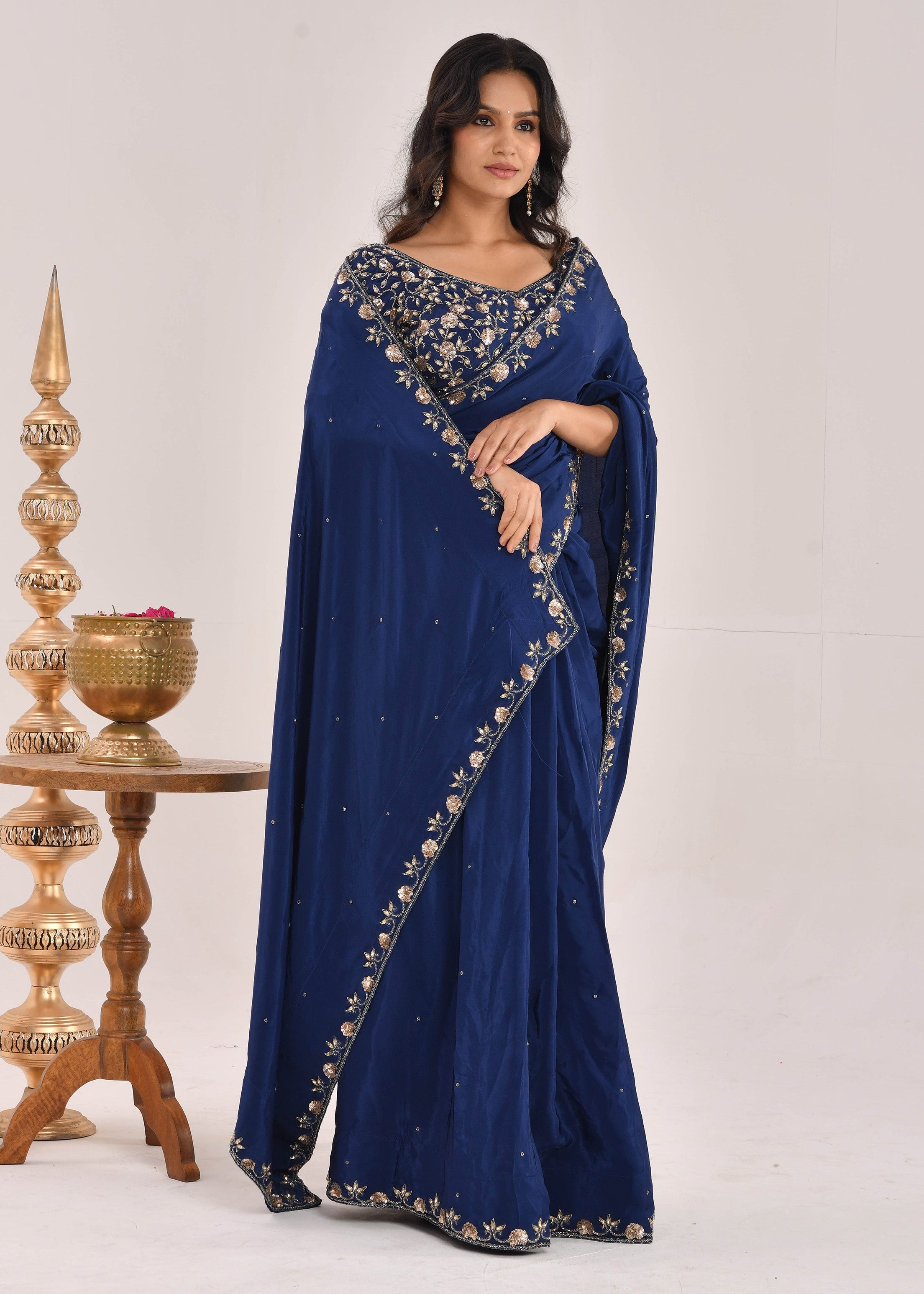 Dark Blue Hand-Embroidered Silk Saree