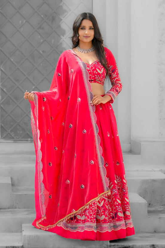 Red Hand Embroidered Silk Lehenga