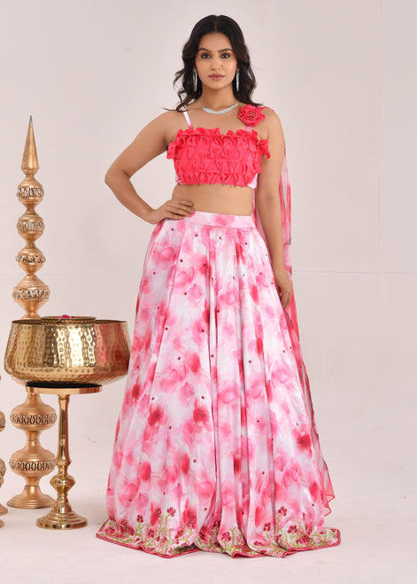 Pink Floral Hand-Embroidered Satin Silk Lehenga