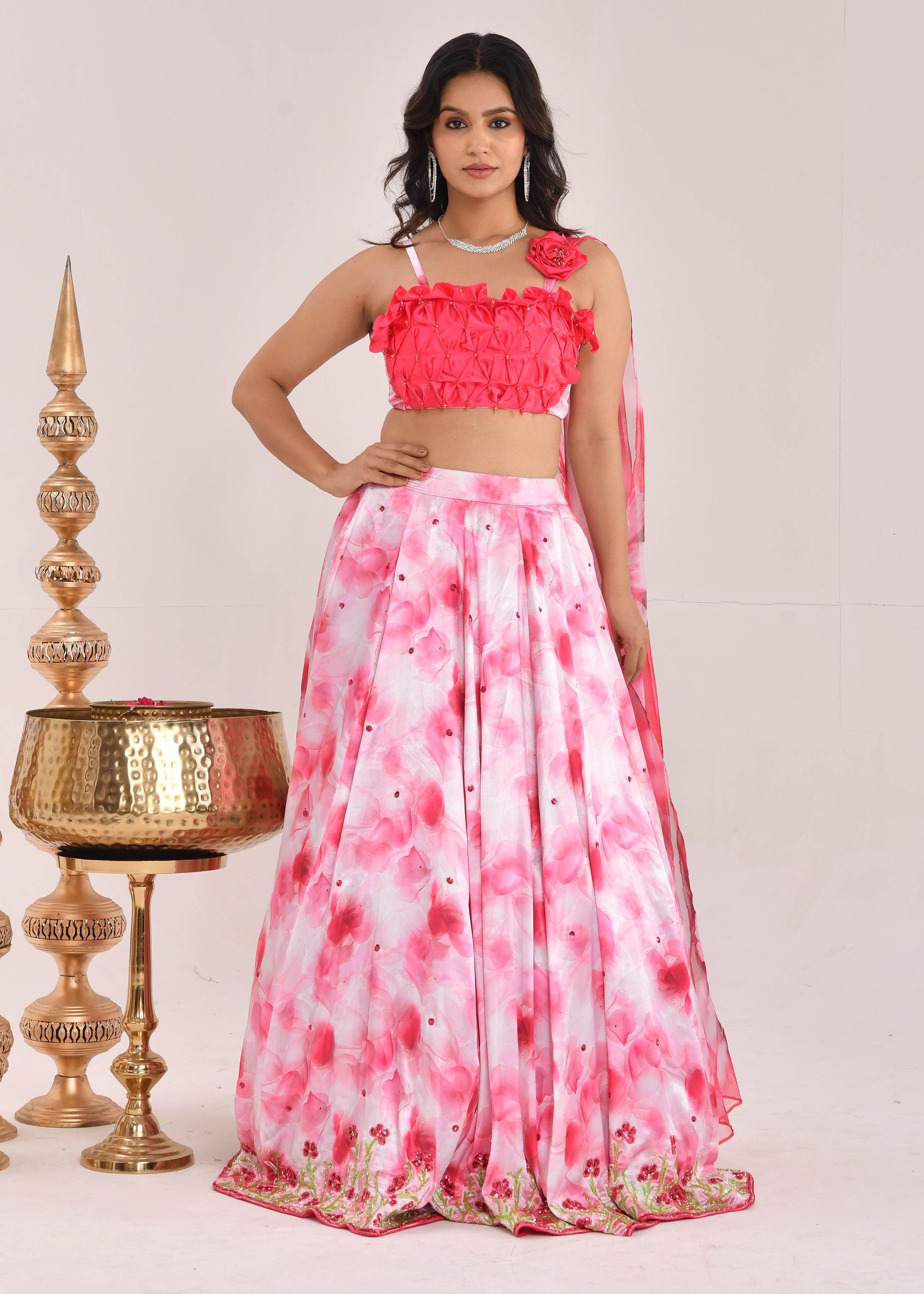 Pink Floral Hand-Embroidered Satin Silk Lehenga